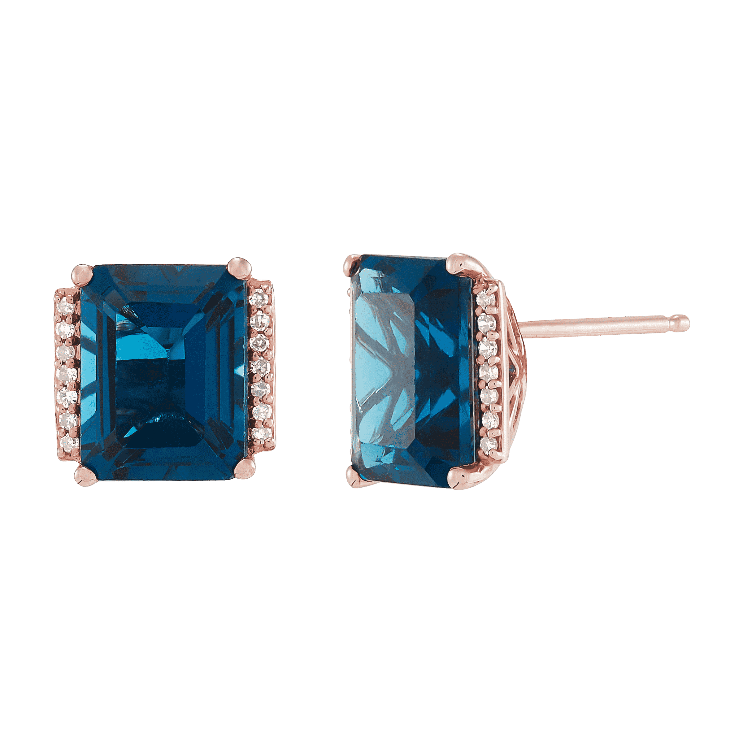 Pre-owned Welry Natural London Blue Topaz Stud Earrings With Diamonds In 10k Rose Gold